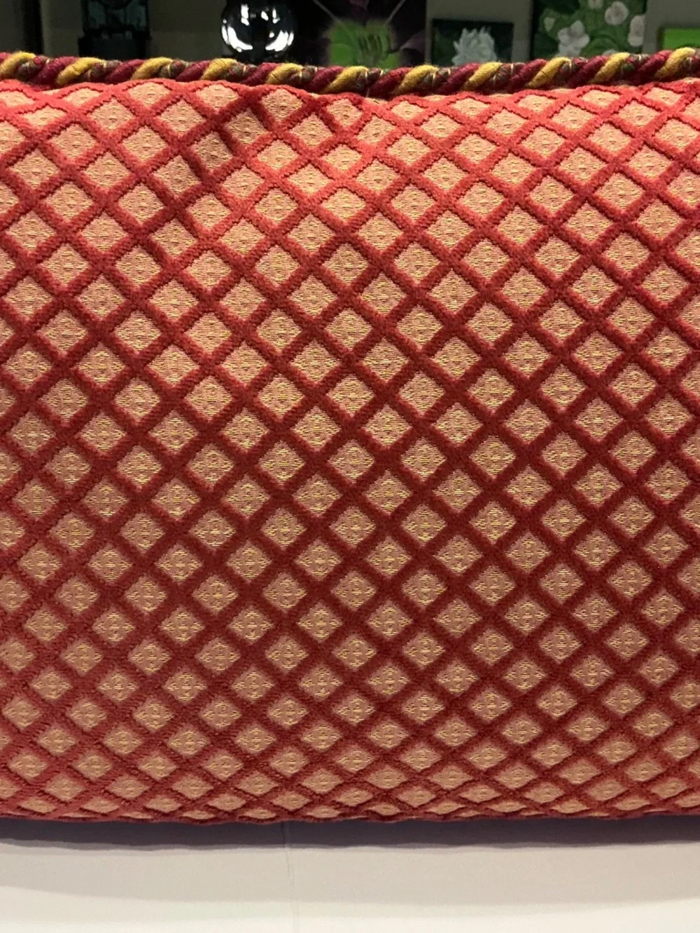 Italian made Damask rope trimmed lumbar pillow 16”x11” in red